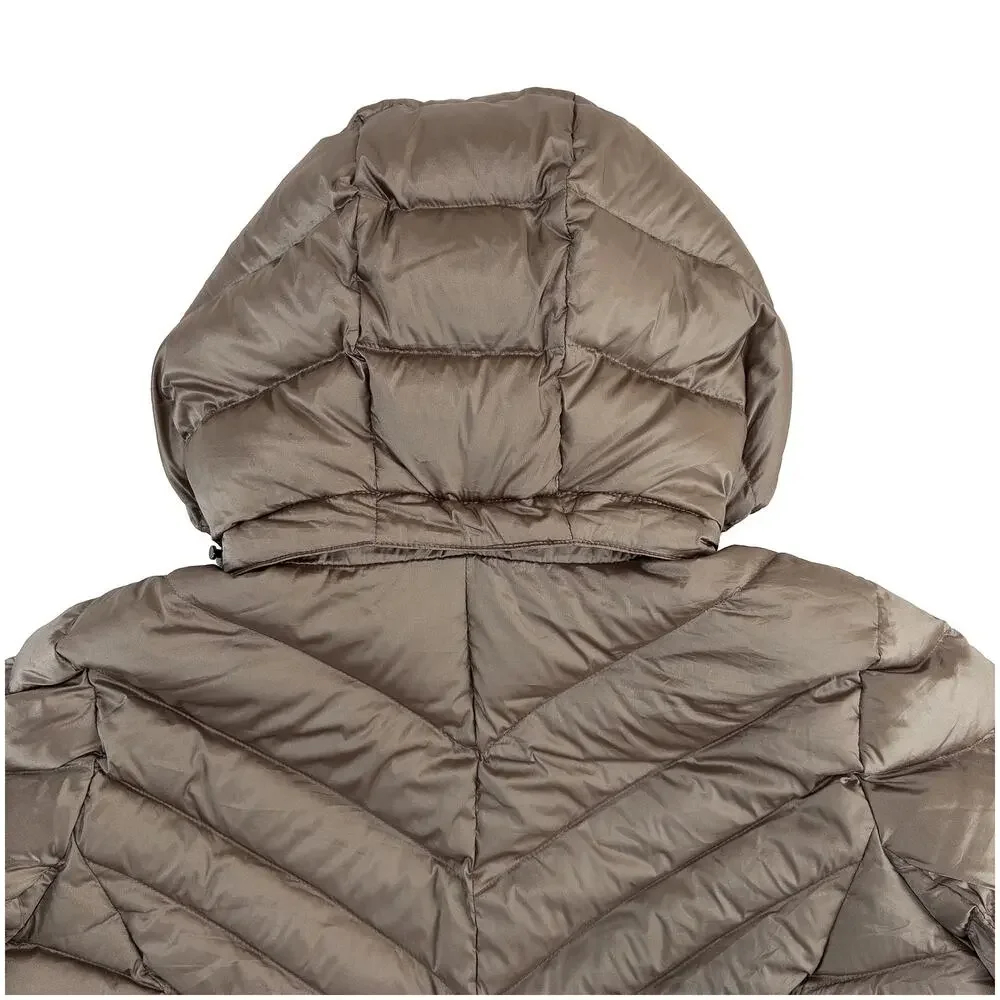 Lands’ End Wanderweight Down Coat Women S Brown Packable Hooded Mid Length